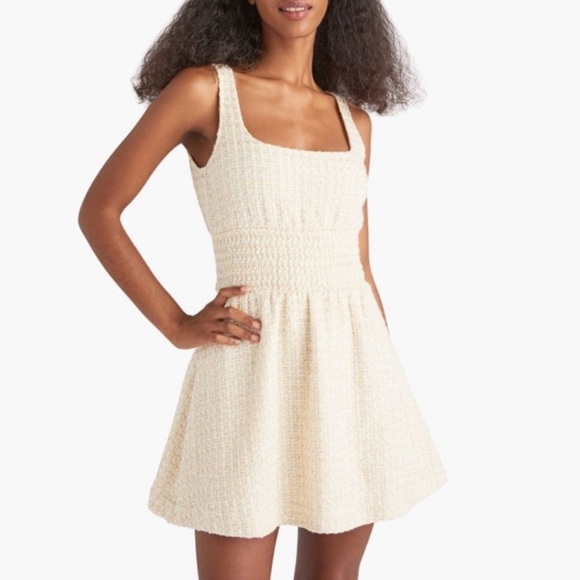 Hill House Cher Square Neck Wool Open Back A Line Mini Dress Coconut Tweed Cream - Picture 1 of 10